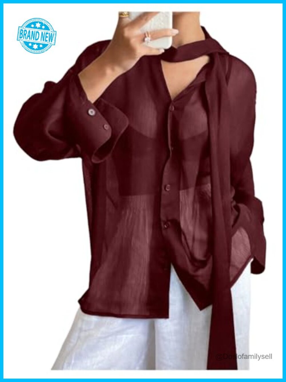 Mesh Sheer Button Up Blouse Tie Neck Long Sleeve Flowy Loose Fit